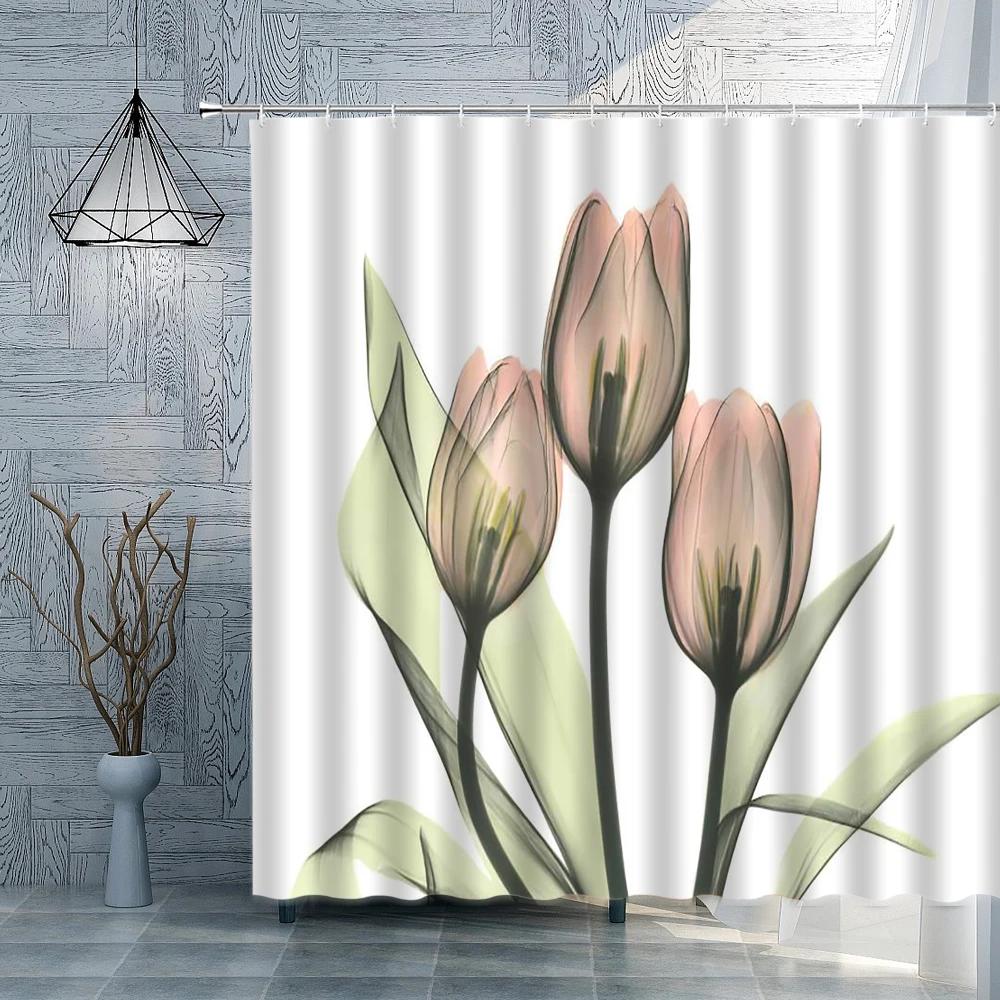 Flower Plant Shower Curtain Modern Simple Water Color Print Pattern Bathroom Curtains Polyester Fabric Home Bath Decor With Hook