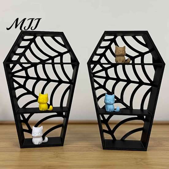 Holiday Themed Display Stand Coffin-Shaped Spider Web Shelf, 3D Printed Gothic Tiered Mini Figurine, Pumpkin Decor Halloween Black Hollow Rack