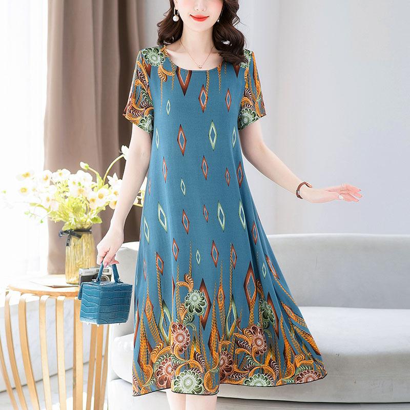 Dle Aged Mother Wearing Cotton Silk Dress Summer Dress for Long Vintage Loose Women Elegant Short Sleeve Casual O-neck Dresses Print Woman Clothing