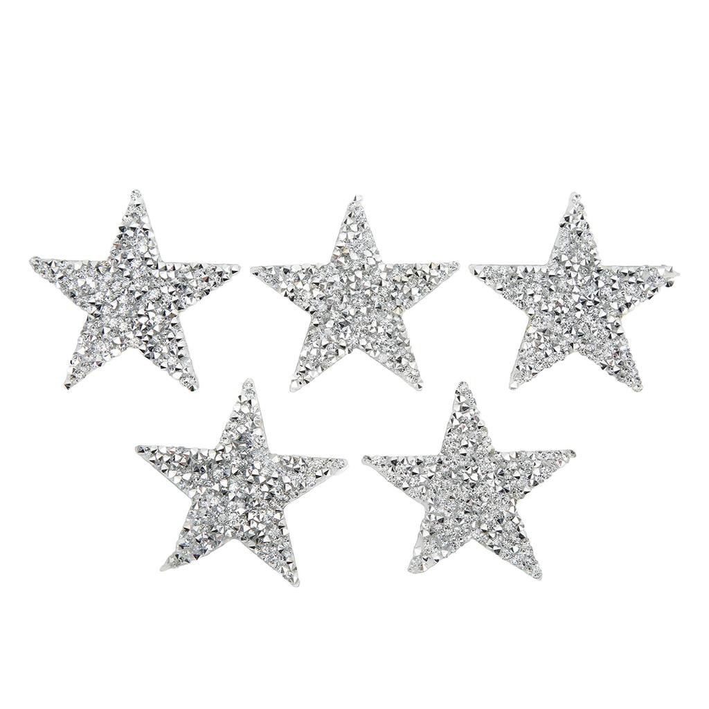 5 Pcs Star Iron On Patches 6cm Silver Resin Shiny Rhinestone Five Pointed Star Hot Melt Adhesive