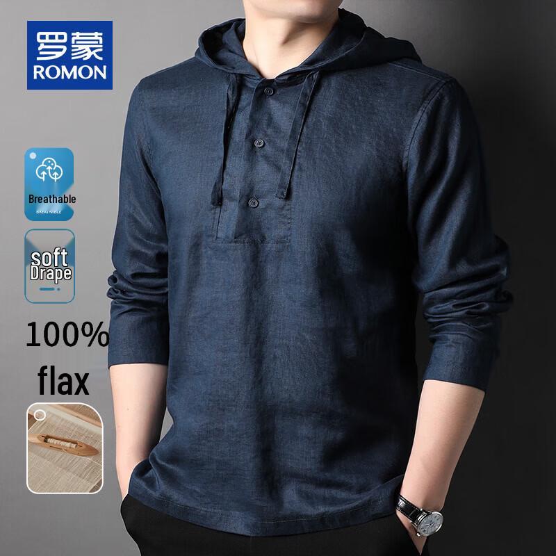 

ROMON Men s 100% Linen Long-Sleeve Hooded T-shirt M