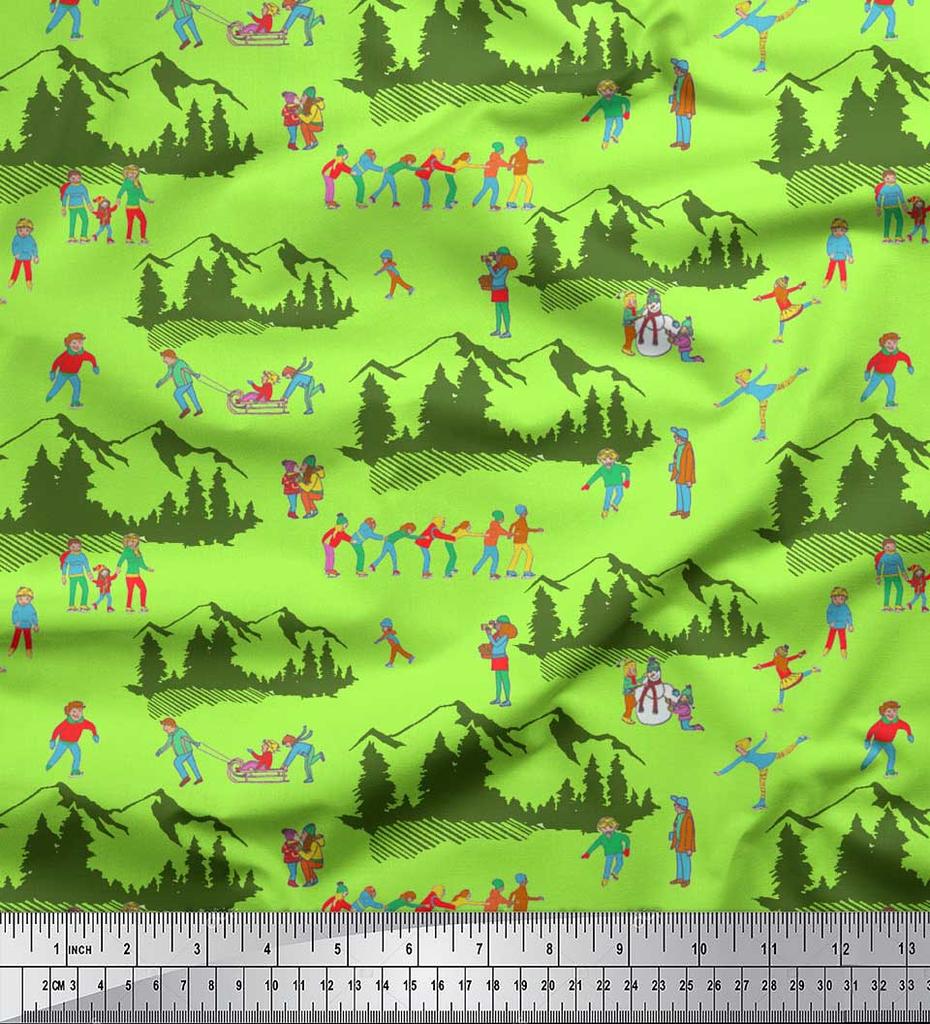 Soimoi Šedá japonská krepová saténová látka Lidé, Sáně a Hory Sváteční dekorační látka Tištěný metr 42 palců