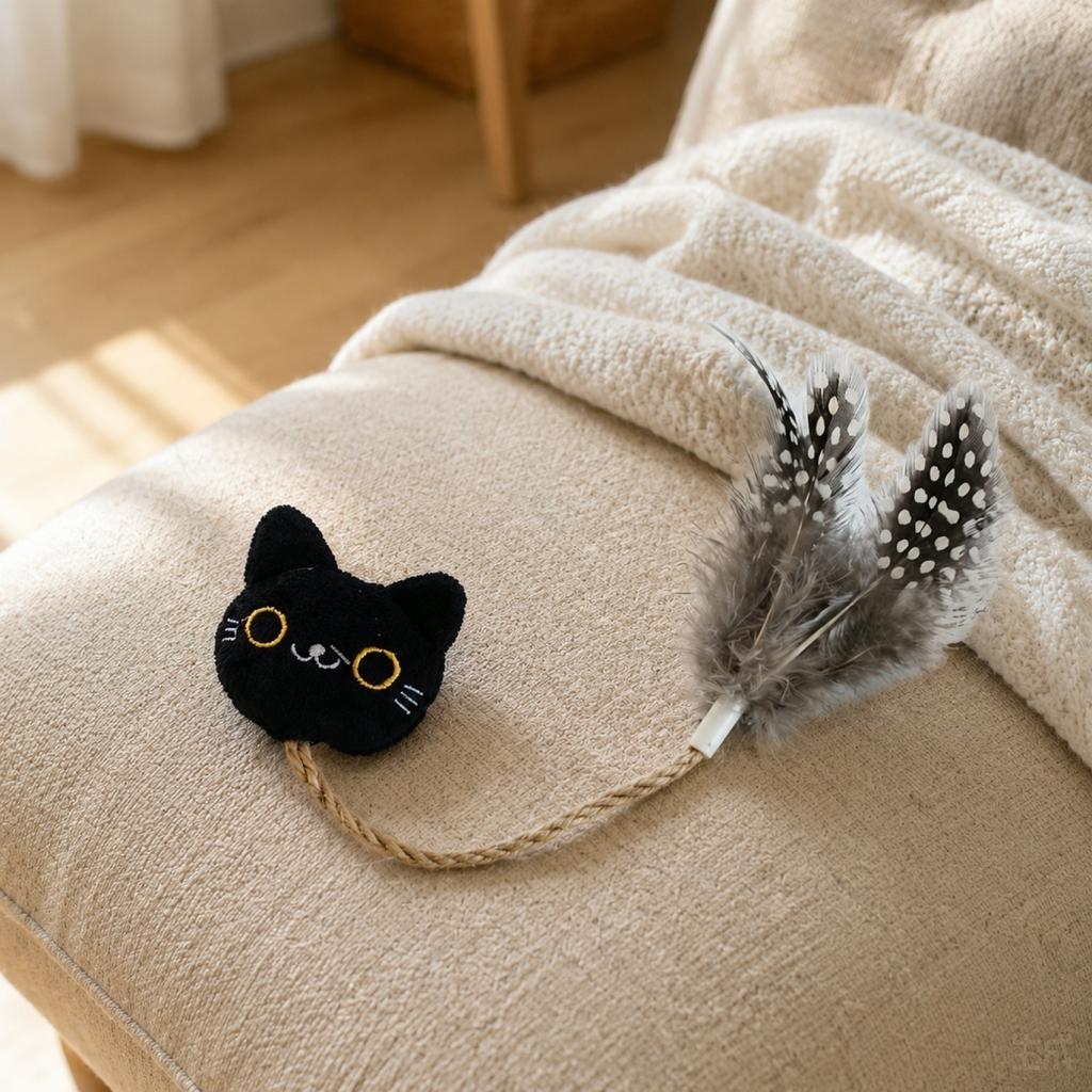 Mini Cat Shaped Plush Toy with Feather and Bell Attached on Rope for Interactive Cat Play and Pet Entertainment