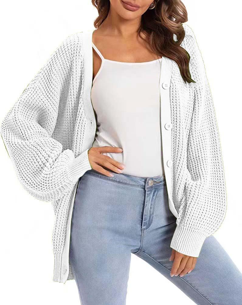 Women's V-Neck Lantern Sleeve Knitted Cardigan Sweater Coat - Single-Breasted Lazy Style