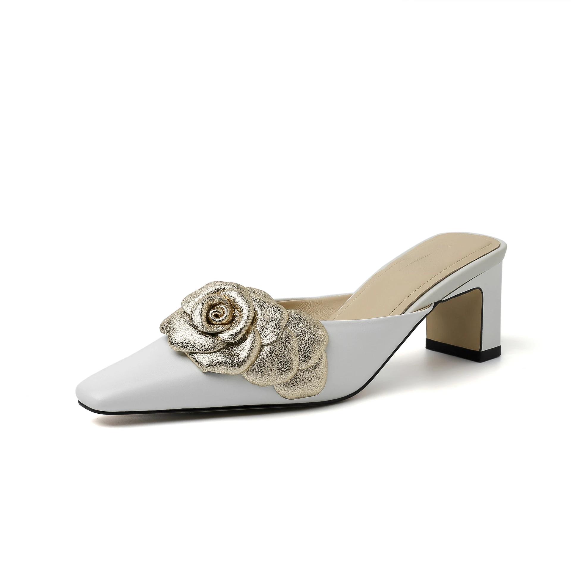 

Золотые цветочные тапочки-мюли женские летние босоножки на толстом среднем каблуке сексуальные туфли-лодочки с квадратным носком женские роскошные босоножки женские 2024 35 белый