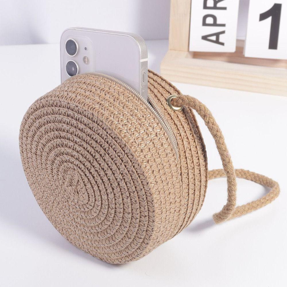 Cute Lace Bow Straw Bag Hand-woven Lightweight Beach Bag Zipper Round Kids Crossbody Purse