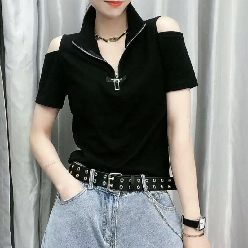 

off-Shoulder Zipper Spring and Autumn T-shirt Long-Sleeve Slim-Fit Base Shirt Short sleeve black 4XL