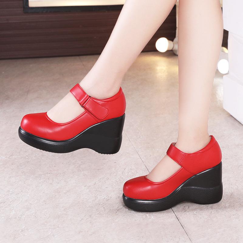 Spring Genuine Leather Women's Shoes Girls' Shoes Fashion 8CM High Heels Pumps Wedges Black Comfortable Female Platform Shoes