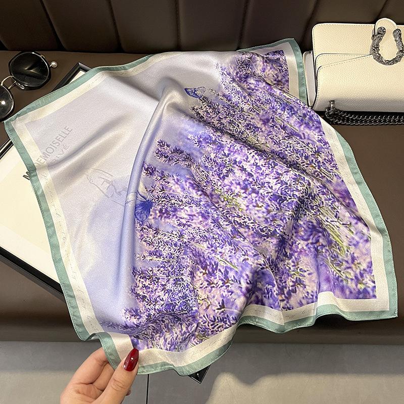 Light and thin retro pastoral style spring and summer violet floral 53 silk scarf women s small square scarf neck scarf 53*53cm