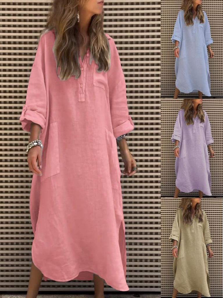 Elegant Solid Color Irregular Long Dress with Buttons and Pockets for Spring/Summer 2024