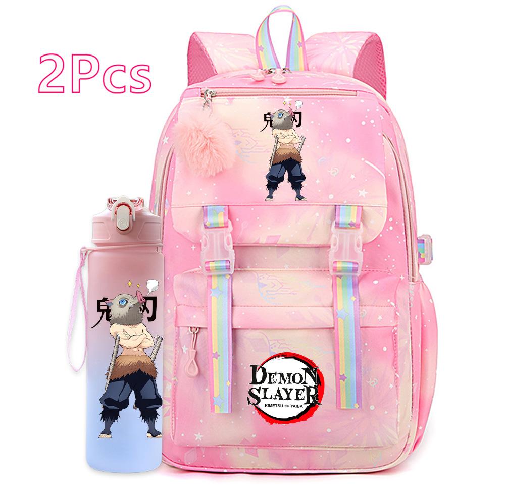 2Pcs/set Cartoon Demon Slayer Printed Backpack with 750Ml Water Bottler for Teenager Bookbag Large Capacity Waterproof Travel Bag