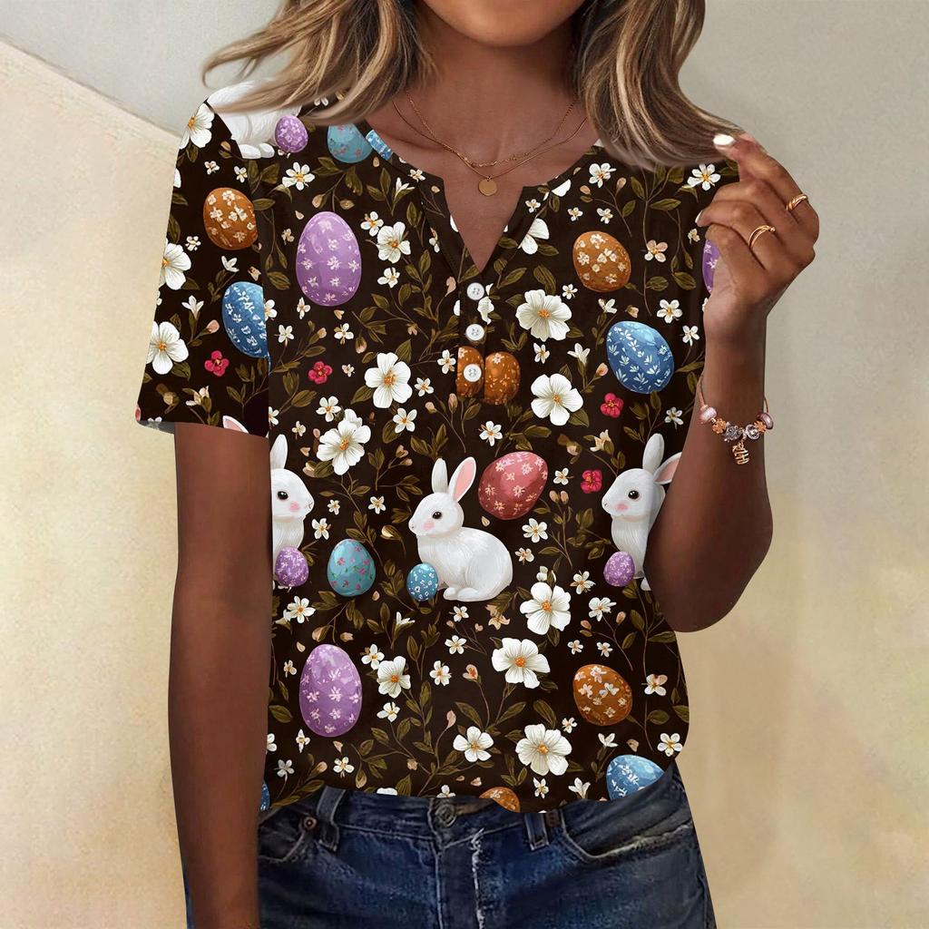 Women's T Shirt Print Button Short Sleeve Daily Weekend Fashion Basic V- Neck Regular Top