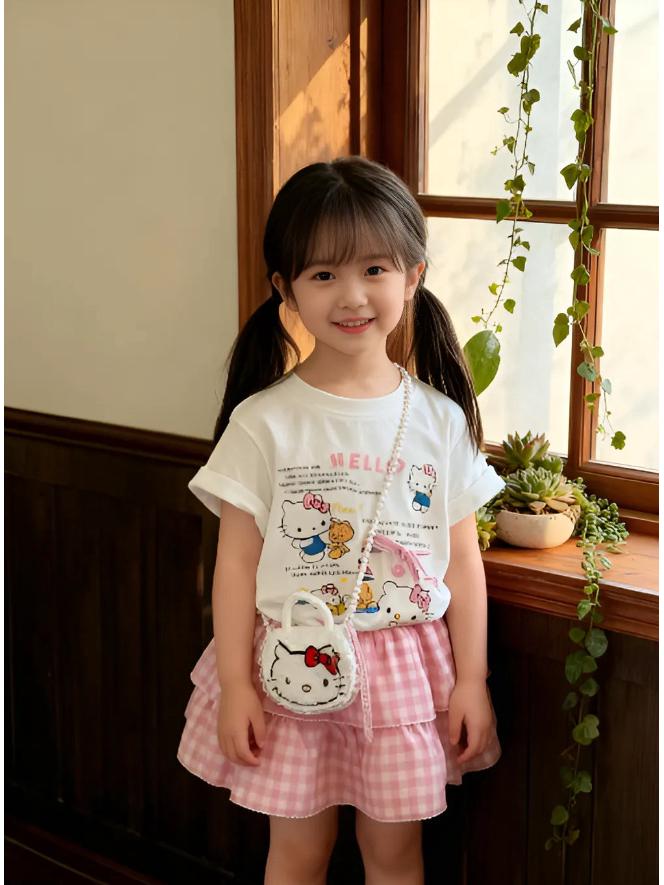 2025 Korean Summer Cute Cat Print Short Sleeve Plaid Skirt Set