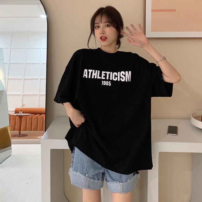 

Cotton simple letter t-shirt women s short sleeve trendy design sense niche summer ins Korean version top 3XL чорний