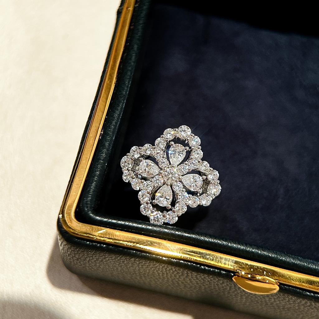 S 925 Silver AAA Zircon Clover Flower Full Diamond Ring Women's Gift