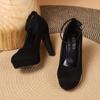 Soleist Große Größe 42 Sexy Super Hohe Absätze Schuhe für Damen Knöchelriemen Klobige Plateau Pumps Frau Schwarz Beflockt Quadratischer Absatz Party Schuhe
