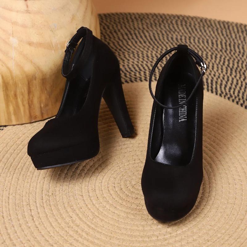 Soleist Große Größe 42 Sexy Super Hohe Absätze Schuhe für Damen Knöchelriemen Klobige Plateau Pumps Frau Schwarz Beflockt Quadratischer Absatz Party Schuhe