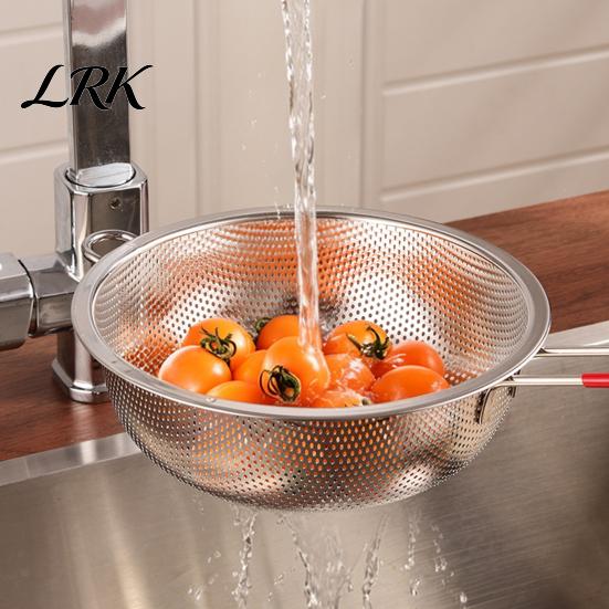 Easy Clean Food Colander Stainless Steel Rice Washing Basket, Red Handle Fine Kitchen Drain Basket Mesh Strainer, Heat-Insulating for Fruit Vegetable
