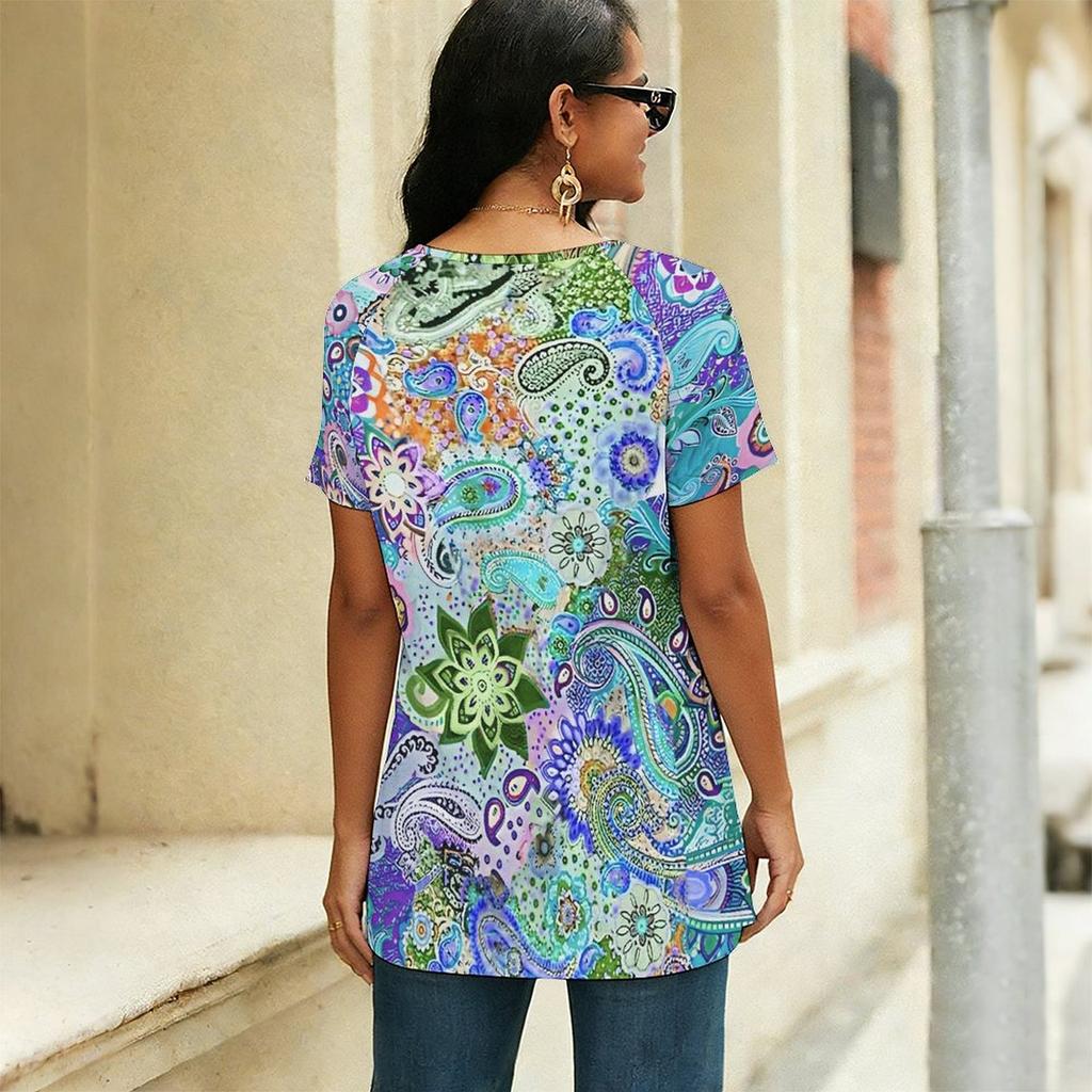 Women Square Neck Short Sleeve Blouse Watercolor Butterfly Floral Irregular Hem