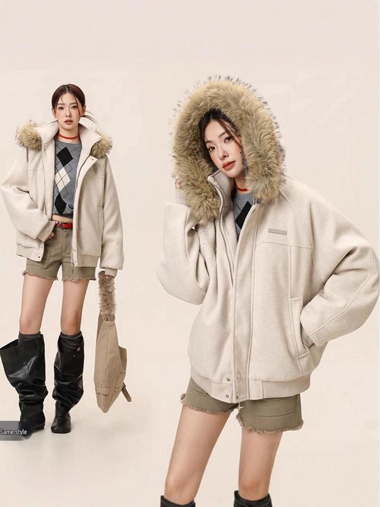 Unisex Retro Fur Collar Hooded Cotton Jacket - Winter Warm Thickened Outerwear