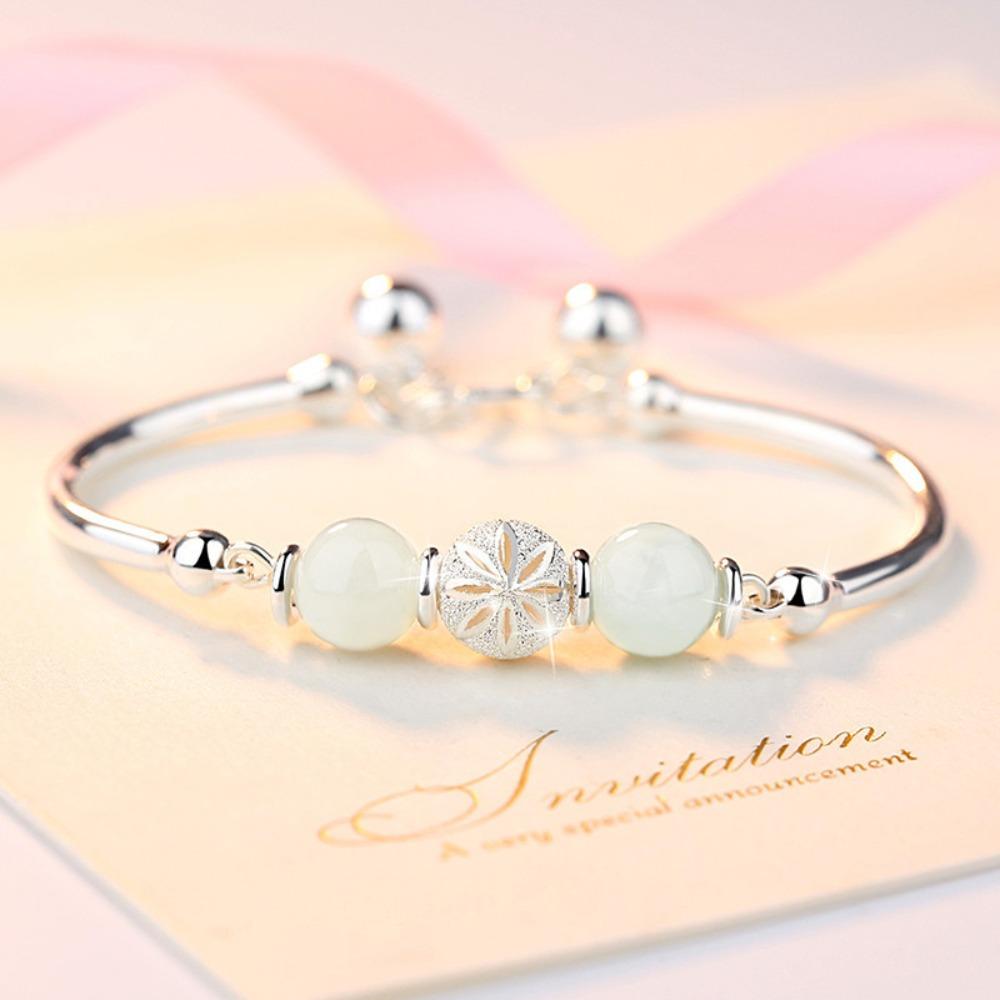 925 Silver Plated Rotating Beads Jade Bracelet Open Bangle Minimalist Design Stylish Jewelry for Women