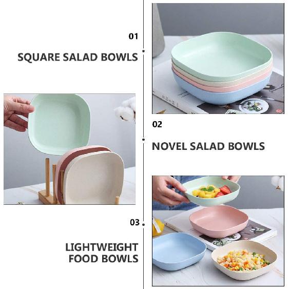 Square Cereal Bowls Set of 4, Plastic Small Bowls for Kitchen, 6 Inch Shallow Serving Bowls for Soup Salad Oatmeal Snack Dessert Ice Cream