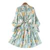 French style stand-up collar lantern sleeve printed dress women's summer waist thin ruffle A-shaped skirt