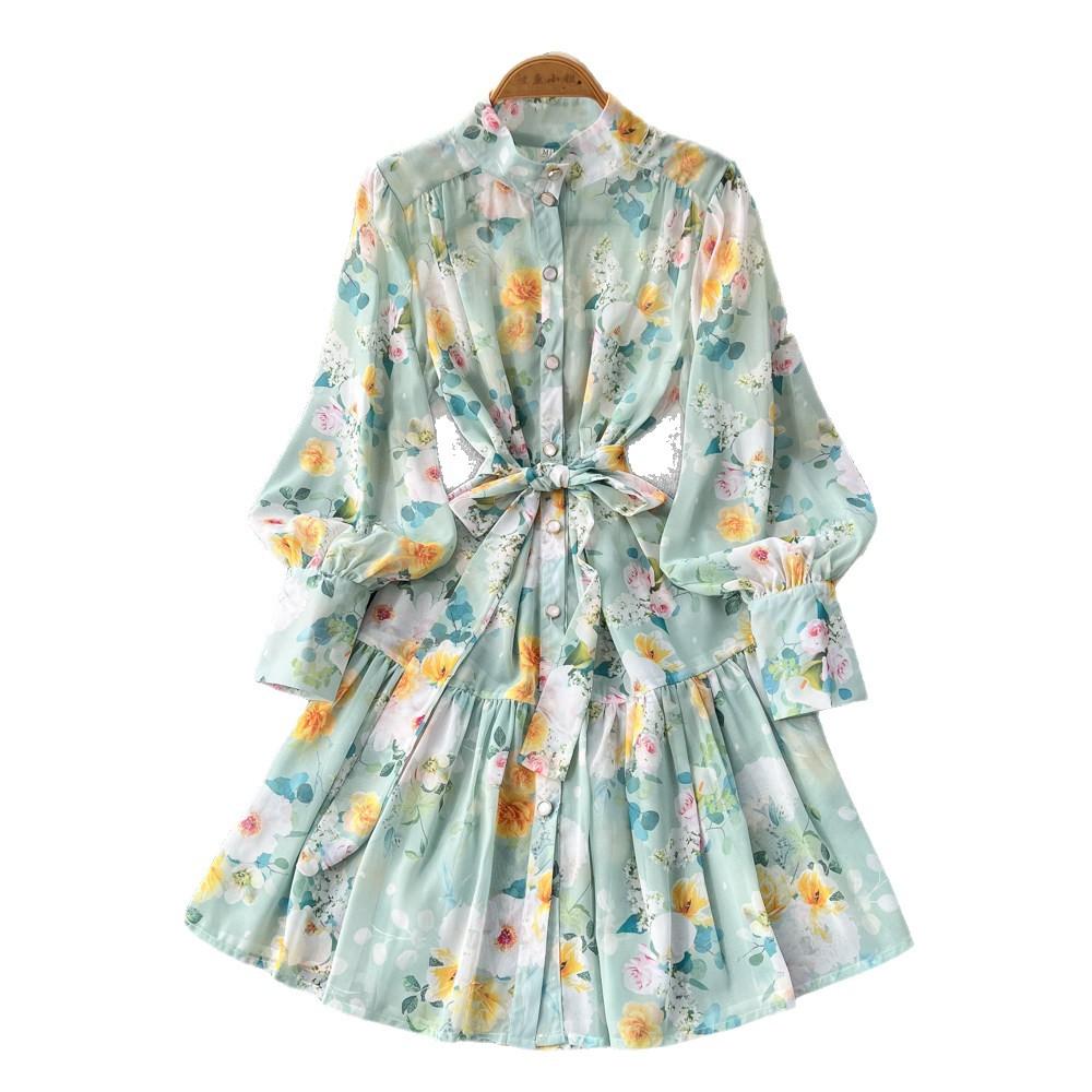 French style stand-up collar lantern sleeve printed dress women's summer waist thin ruffle A-shaped skirt