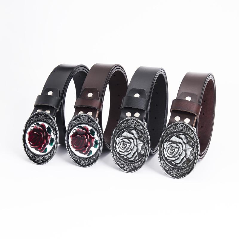 Rose-Shaped Waistband Leather Belt with Floral Pattern - Nightclub Single Loop Pants Accessory