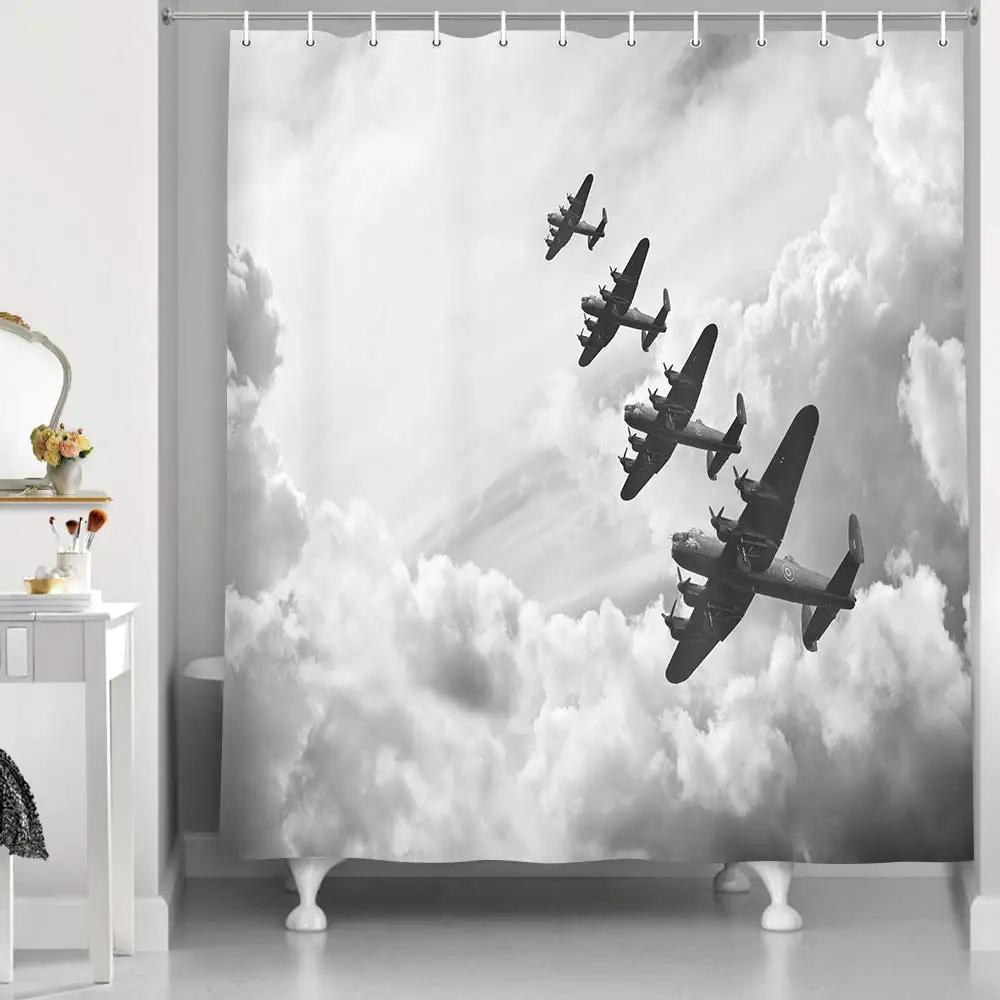 Flughafen Duschvorhang,Aviation-Thema Illustration von geparkten Flugzeugen auf Flugfeld gelandet,Polyesterstoff Badezimmer Vorhang Set