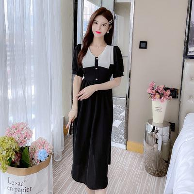 French retro tea break Hepburn style A-shaped skirt for women's summer new temperament waist and thin small black dress