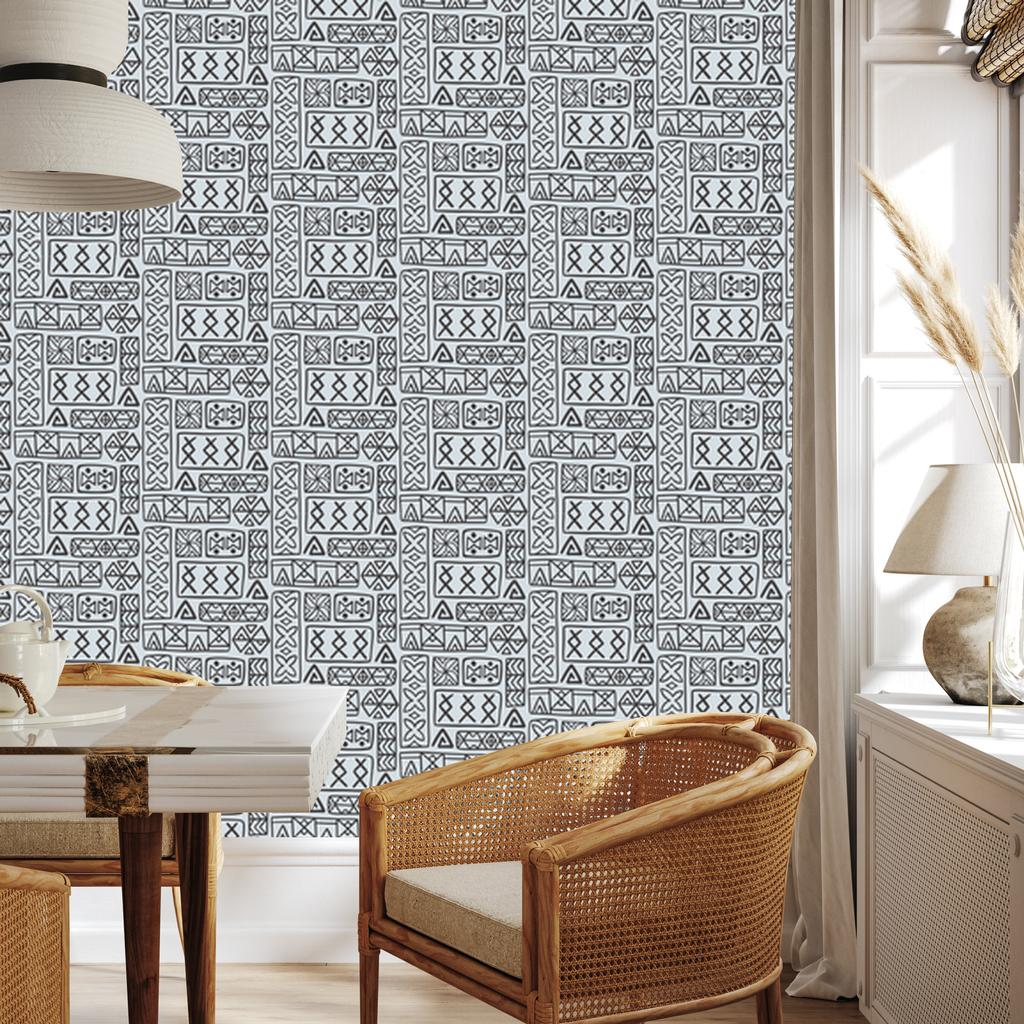 Polynesian Geometric Pattern Wallpaper Gray and Light Gray 50x1000