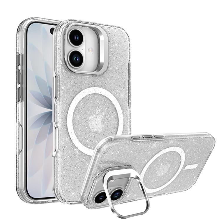 For IPhone 17 Glitter Phone Case PC Transparent Magnetic Bracket for Apple 15 Anti Drop Protective Case 13 with Hanging Rope