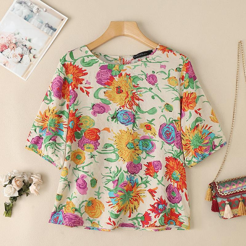 ZANZEA Damen Lässige Rundhals 3/4-Ärmel Bluse mit Blumendruck