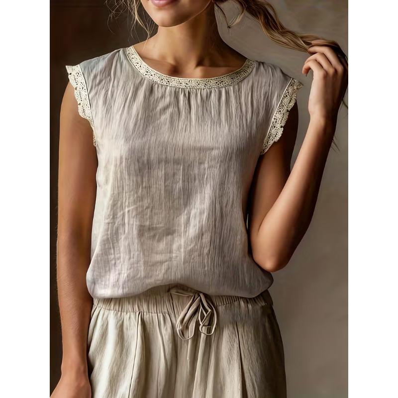 Womens Retro Loose Round Neck Solid Color Lace Splicing Sleeveless Linen Shirt