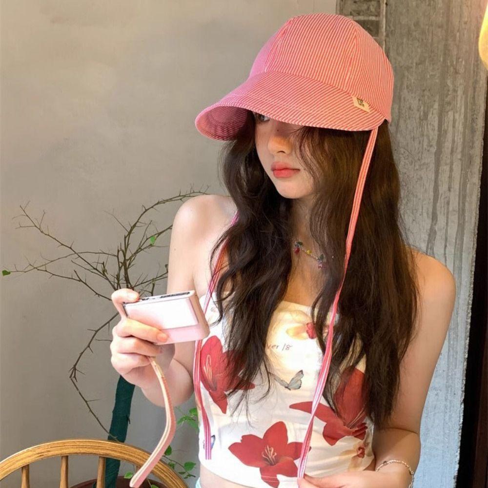 Wide Brim Striped Peaked Cap Drawstring Women Sun Hat Foldable Sunscreen Baseball Hat  Sports