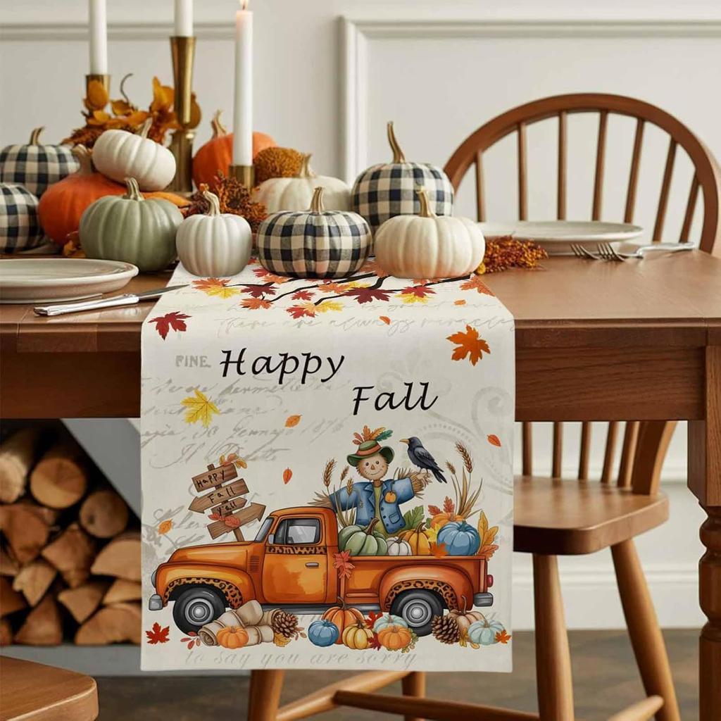 Fall Pumpkin Maple Leaf Truck Linen Table Runner Holiday Party Decor Reusable Kitchen Dining Table Runner Autumn Decorations