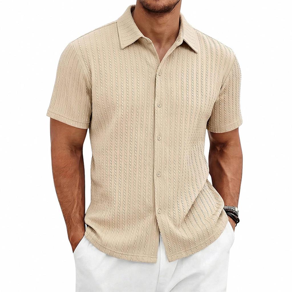 Men's Short Sleeve Button Down Shirt Knit Fabric Classic Collar Casual Fit Top for Daily Wear