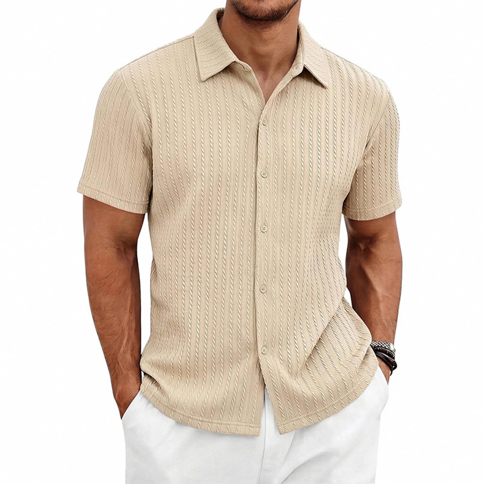 

Men Short Sleeve Knitted Button Down Shirt with Pattern Classic Fit Casual Collared Top for Summer Daily Wear S хакі