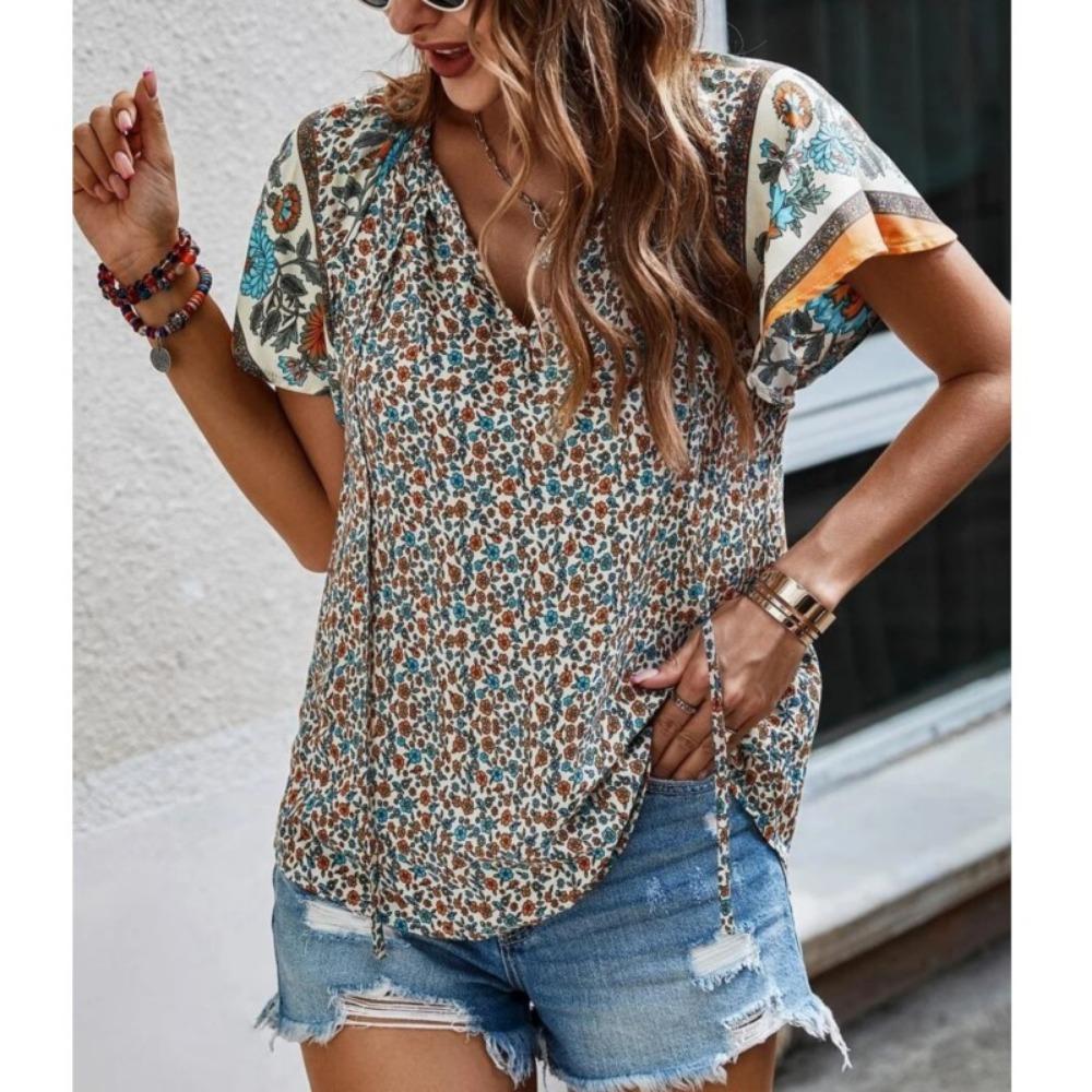 

2025 summer floral print women s shirt fashion V-neck short-sleeved Bohemian beach casual women s elegant shirt S