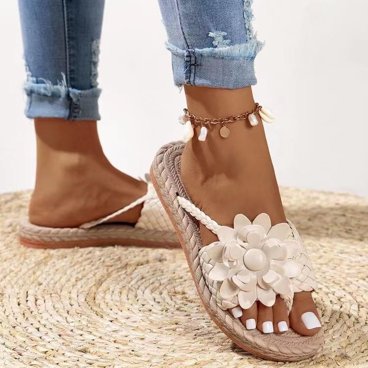 Women's Flower Flat Flip Flops, Boho Style Braided Band Open Toe Shoes, Casual Non Slip Slides