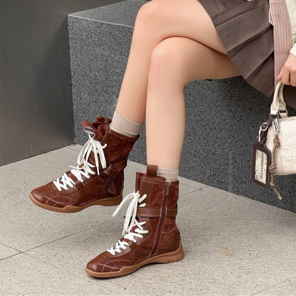 Retro leather boxing boots women's summer 2025 new British style Martin boots thick-soled German training boots medium boots