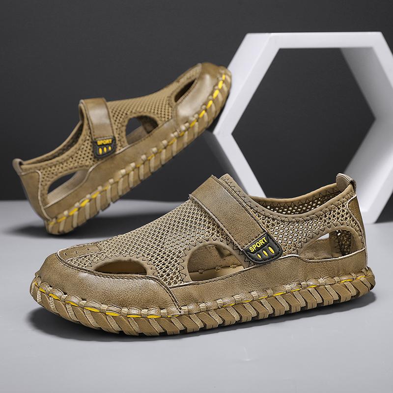 2025 Verano para Hombre Nuevos Transpirables Versátiles Modernos para Exteriores Hechos a Mano Grandes Zapatos de Playa Sandalias de Playa de Malla Hueca Cuero Genuino