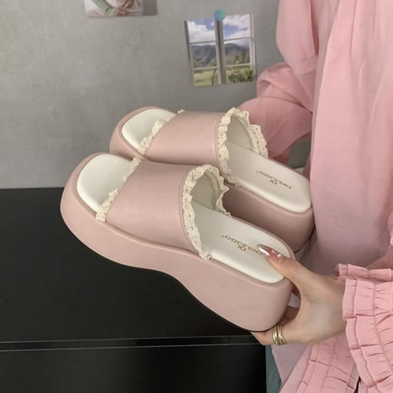 French Thick Heel Women's Open-Toe Summer Outdoor Lace Trim Sweet Slippers Rubber Sole Microfiber Material Ladies Slippers