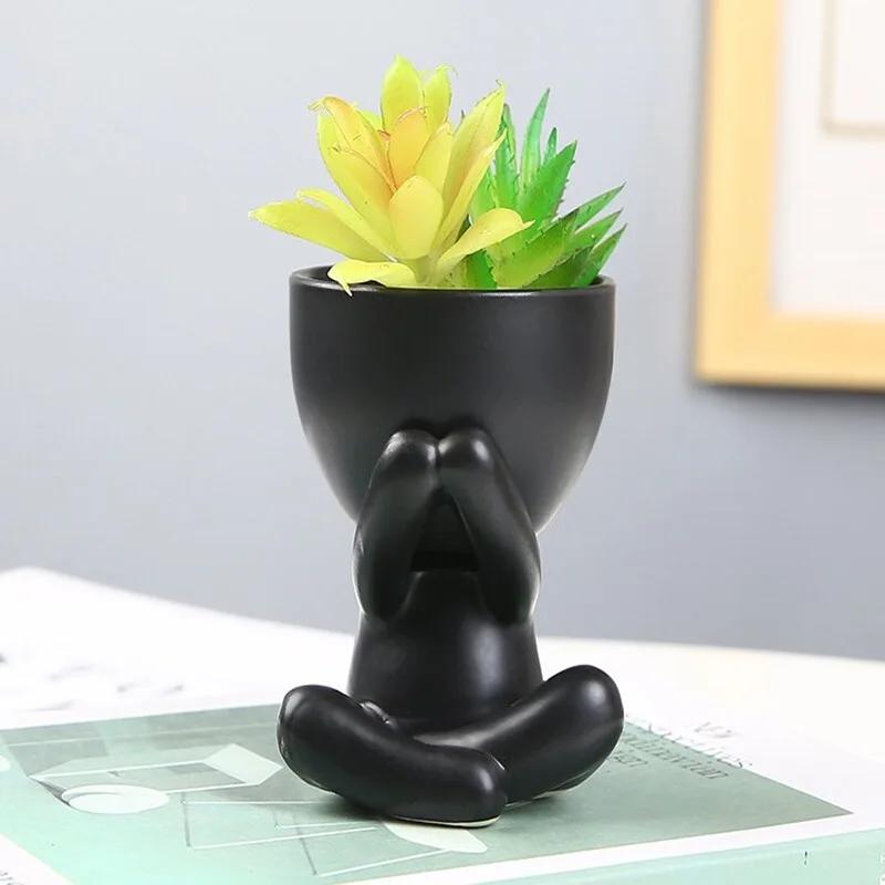 Mini Decorative Pots for Plants Human Shaped Ceramic Succulent Planters Cute Cactus Flower Pots with Drainage for Desktop Home