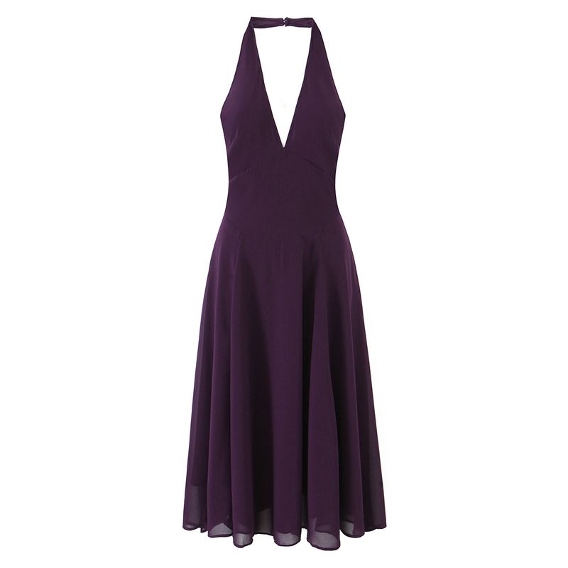 Iris Woolen House Same Style French Style Romantic Purple Temperament Sexy Deep V Backless Hanging Neck Sling Dress