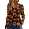 Women's T Shirt Tee HAlloween Print Button Long Sleeve Daily Weekend Fashion Basic V- Neck Regular Top