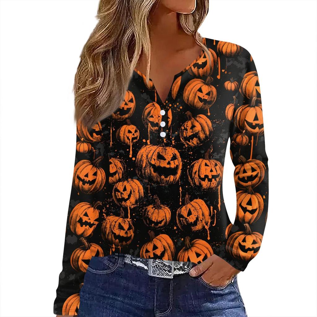 Women's T Shirt Tee HAlloween Print Button Long Sleeve Daily Weekend Fashion Basic V- Neck Regular Top