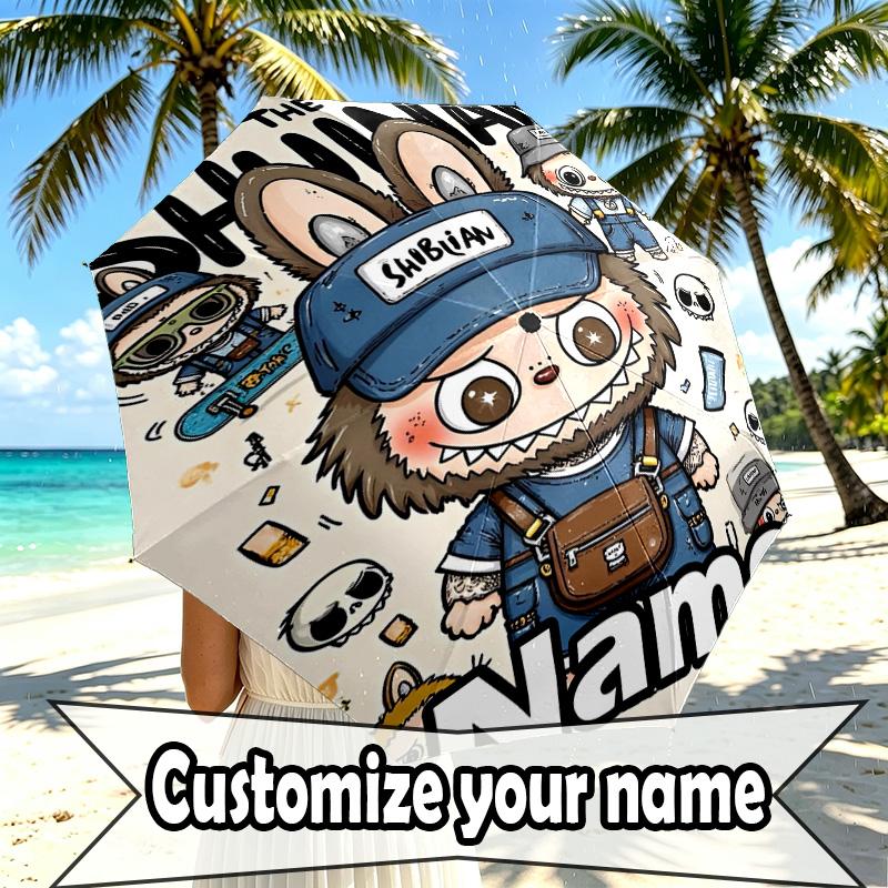 Custom Name Personalized Labubu Print Umbrella, Auto Open Close, 8‑Rib Sturdy Frame, Commute Camping Hiking Use, Birthday Gift
