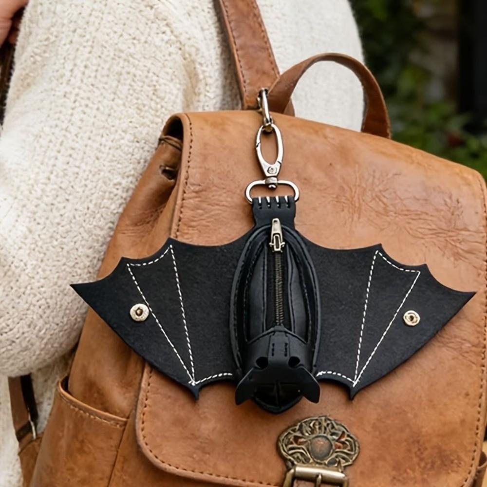 Zipper Bat Wallet Keychain Coin Purse Leather Bat Keychain Handmade Halloween Bat Pendant  Gifts